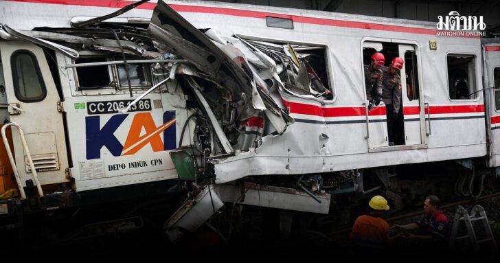 Aftermath of a deadly collision between a commuter line train and a long-distance train, in Bekasi