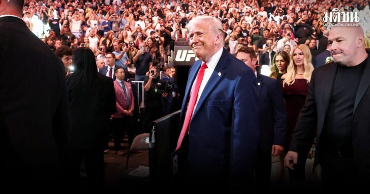 U.S. President Donald Trump attends the UFC 327 event at Kaseya Center in Miami