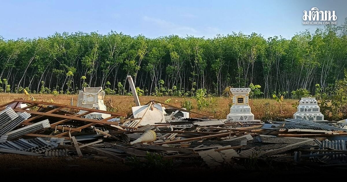 สงขลาอ่วม พายุฤดูร้อนถล่ม เจดีย์บรรจุอัฐิพังยับ ต้นยางใหญ่ล้ม จนท.เร่งให้ความช่วยเหลือ