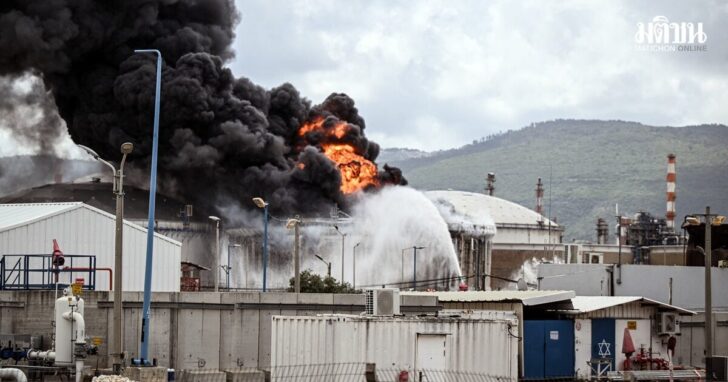 A blaze after Israel's Fire and Rescue Service said that an industrial building and a fuel tanker at Israel's Oil Refineries were hit by debris from an intercepted Iranian missile, in Haifa