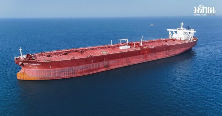 A drone view shows the Malta-flagged tanker Agios Fanourios I arriving in Iraq’s territorial waters off Basra