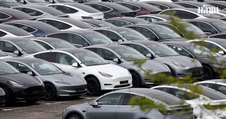 FILE PHOTO: Tesla electric vehicles are pictured at one of the company's delivery centers in Valenton, near Paris