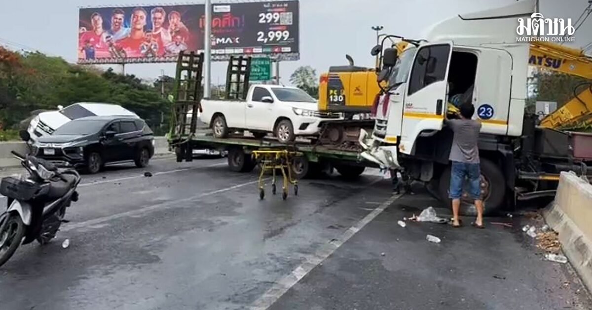 ฝนตกถนนลื่น รถเทรลเลอร์เสียหลักหมุนชนสนั่น 5 คัน ดับ 1 เจ็บ 8 ราย