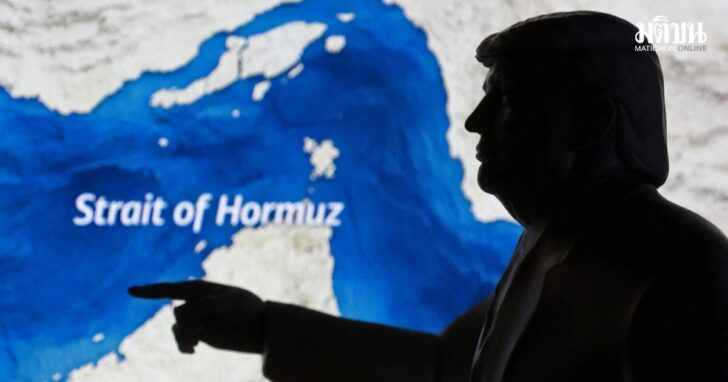 Illustration shows 3D-printed miniature model depicting U.S. President Donald Trump and map showing the Strait of Hormuz