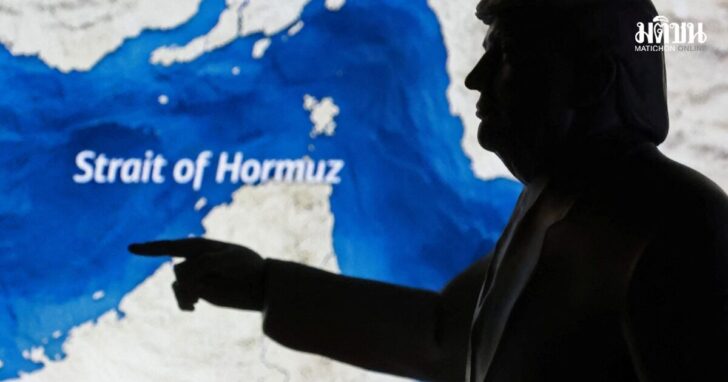 Illustration shows 3D-printed miniature model depicting U.S. President Donald Trump and map showing the Strait of Hormuz