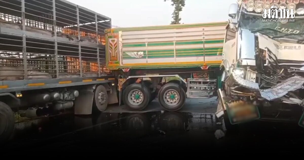 สิบล้อแซงไม่พ้น ชนสนั่น 3 คันรวด รถขนหมู 200 ตัวหวิดตายหมู่ คนขับเจ็บสาหัส 2