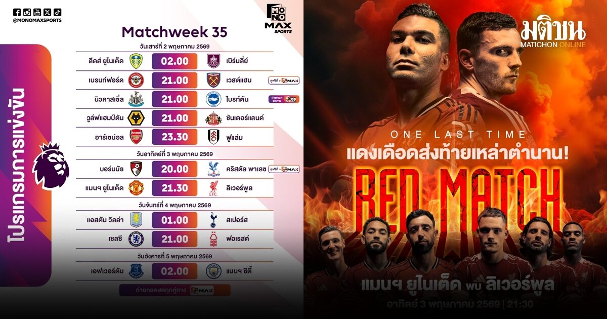 พรีเมียร์ลีกสัปดาห์แดงเดือด แมนยู ปะทะ ลิเวอร์พูล – อาร์เซนอล และ แมนซิตี้ ไล่ล่าแต้มชิงจ่าฝูง