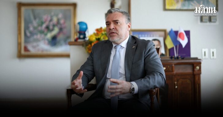 Ukraine's Ambassador to Japan Yurii Lutovinov speaks during an interview with Reuters at Ukraine Embassy in Tokyo