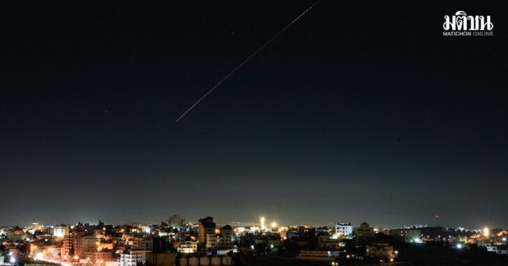 An Israeli air-defence missile flies in the sky over Israel, as seen from Hebron, in the Israeli-occupied West Bank