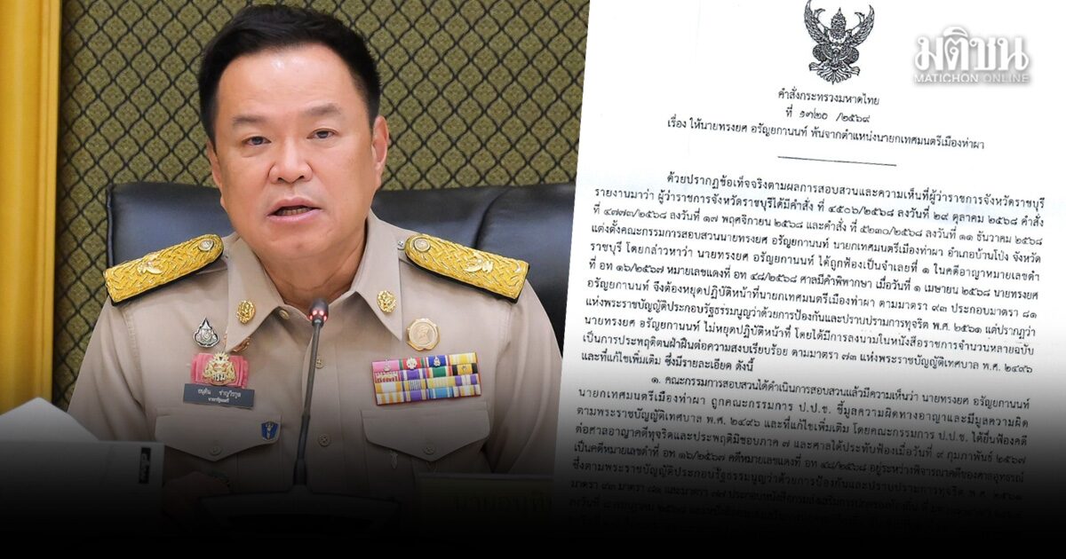 อนุทิน สั่ง ทรงยศ อรัญยกานนท์ พ้นเก้าอี้นายกเทศมนตรี หลังถูกชี้มูล แต่ไม่ยอมหยุดปฏิบัติหน้าที่