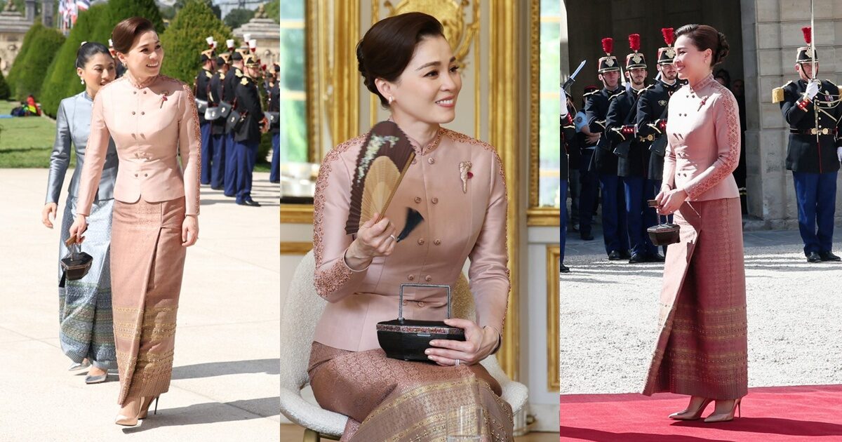 พระสิริโฉม ‘พระราชินี’ ในฉลองพระองค์ชุดไทยอมรินทร์ประยุกต์ ณ สาธารณรัฐฝรั่งเศส