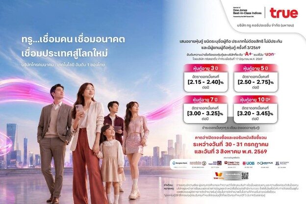 ทรู เตรียมเสนอขายหุ้นกู้ใหม่ เรทติ้ง A+ แนวโน้มบวก ชูดอกเบี้ยคงที่ [2.15 – 3.45] % ต่อปี