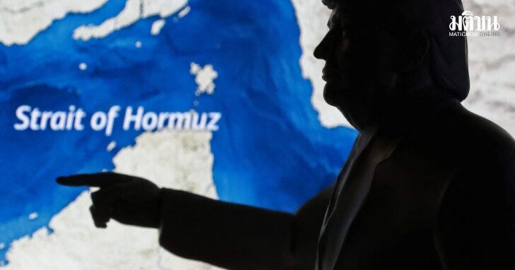 Illustration shows 3D-printed miniature model depicting U.S. President Donald Trump and map showing the Strait of Hormuz