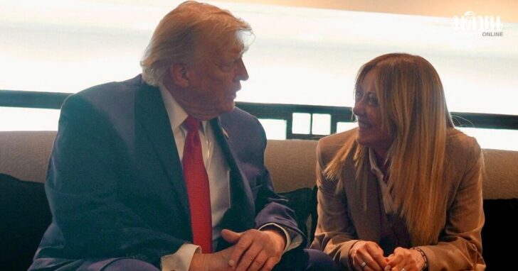 U.S. President Donald Trump speaks to Italian Prime Minister Giorgia Meloni on the sidelines of G7 summit