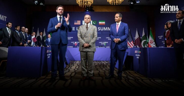 U.S. Vice President JD Vance speaks next to Pakistan's Prime Minister Shehbaz Sharif and Qatar's Prime Minister Sheikh Mohammed bin Abdulrahman bin Jassim Al-Thani at the start of a quadrilateral meeting