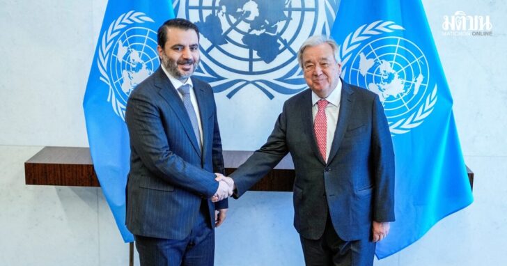 FILE PHOTO: Syrian Foreign Minister Asaad Hassan al-Shaibani shakes hands with United Nations Secretary-General Antonio Guterres at U.N. Headquarters in New York
