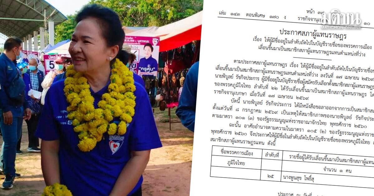 น้องชายพิพัฒน์ ไขก๊อก ส.ส.ภูมิใจไทย ทำบัญชีปาร์ตี้ลิสต์ขยับ พูนสุข เมียครูแก้ว เป็นแทน