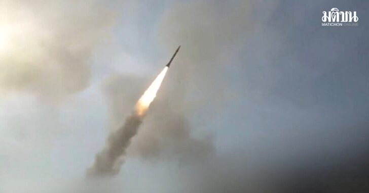 Screengrab from an Iranian state TV video says to show an Iranian missile flying through the air at an unknown location