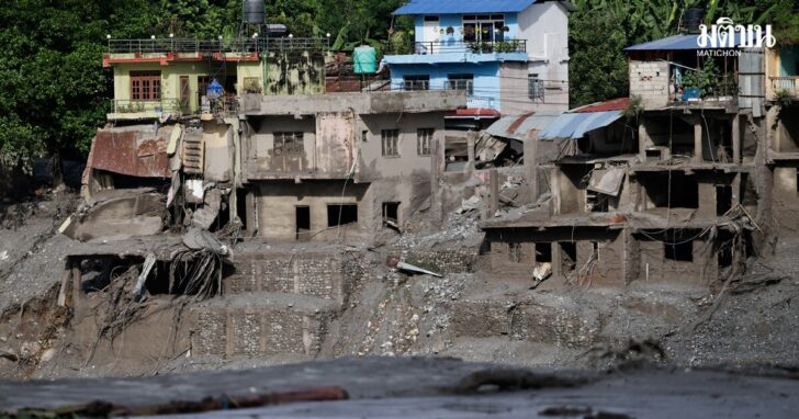 Damaged houses following devastating floods, in Trishuli