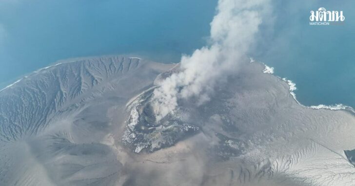 A drone view shows Mount Anak Krakatau volcano spewing hot ash during an eruption in South Lampung