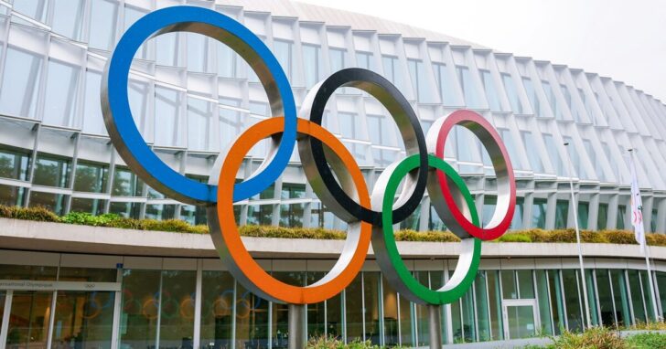 The rings are pictured in front of the IOC during an Executive Board meeting at the Olympic House in Lausanne