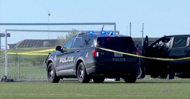 Police attend the scene where a vehicle drove through a soccer game at the Stryker Sports Complex in Wichita