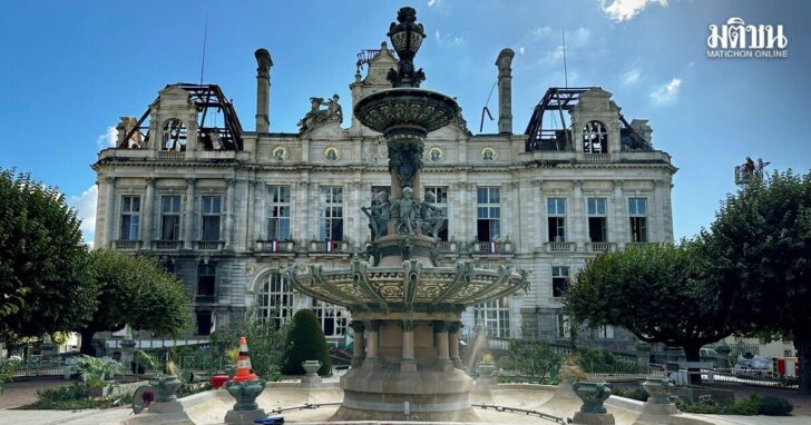 Burnt and destroyed Limoges town hall, which was set ablaze and largely destroyed in an arson attack, in Limoges