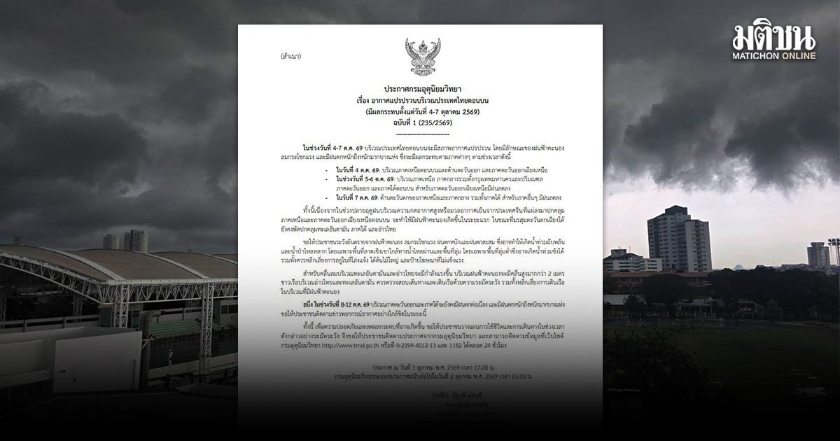 อุตุฯ ออกประกาศฉบับที่ 1 เตือนอากาศแปรปรวน บริเวณไทยตอนบน 4-7 ต.ค.นี้