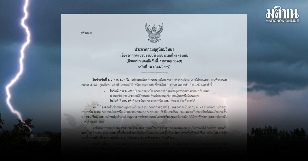 กรมอุตุ ประกาศฉบับที่ 10 ไทยตอนบนอากาศแปรปรวน ฝนตกหนัก ระวังลมกระโชก ฟ้าผ่า